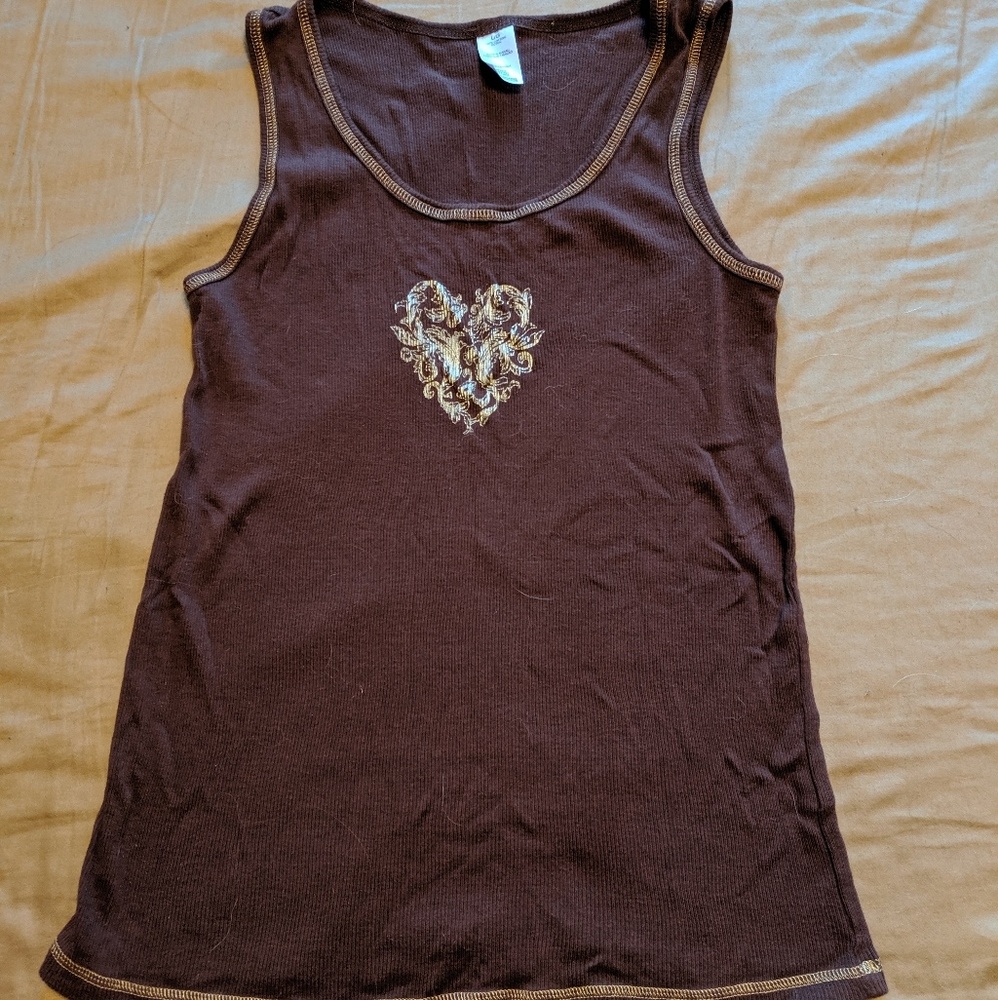 Brown Ribbed Tank with Gold Stitching